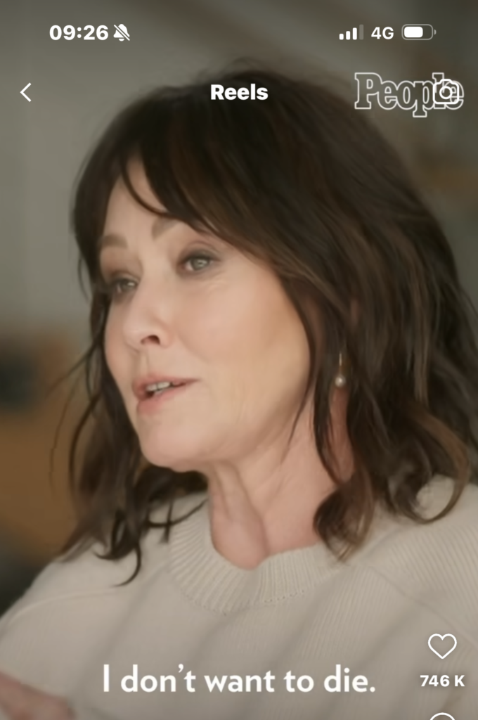 capture d'écran d'une ITW accordée à People par Shannen Doherty elle y dit "je ne veux pas mourir".