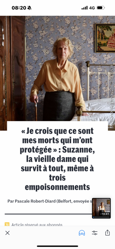 capture d'écran de mon application audio du journal Le monde avec le récit de l'histoire de vie de Suzanne à l'écoute