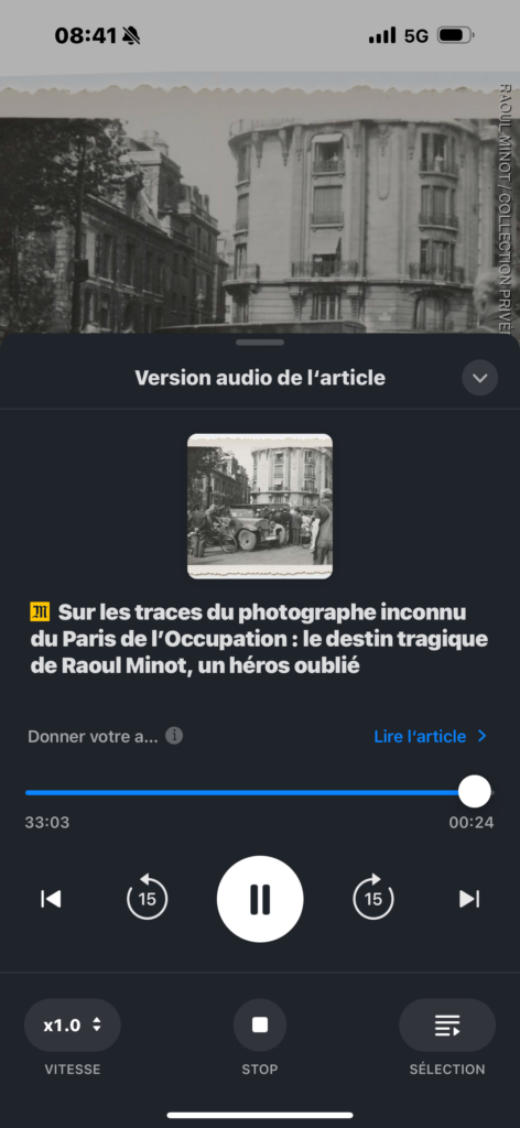 Capture d'écran de l'application qui me permet d'écouter les articles du journal le monde tout en me baladant le matin