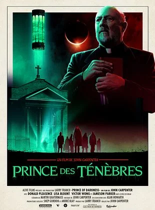 Affiche du film on voit de nuit le prêtre le cylindre démoniaque le lieu de culte et la foule de SDF possédés