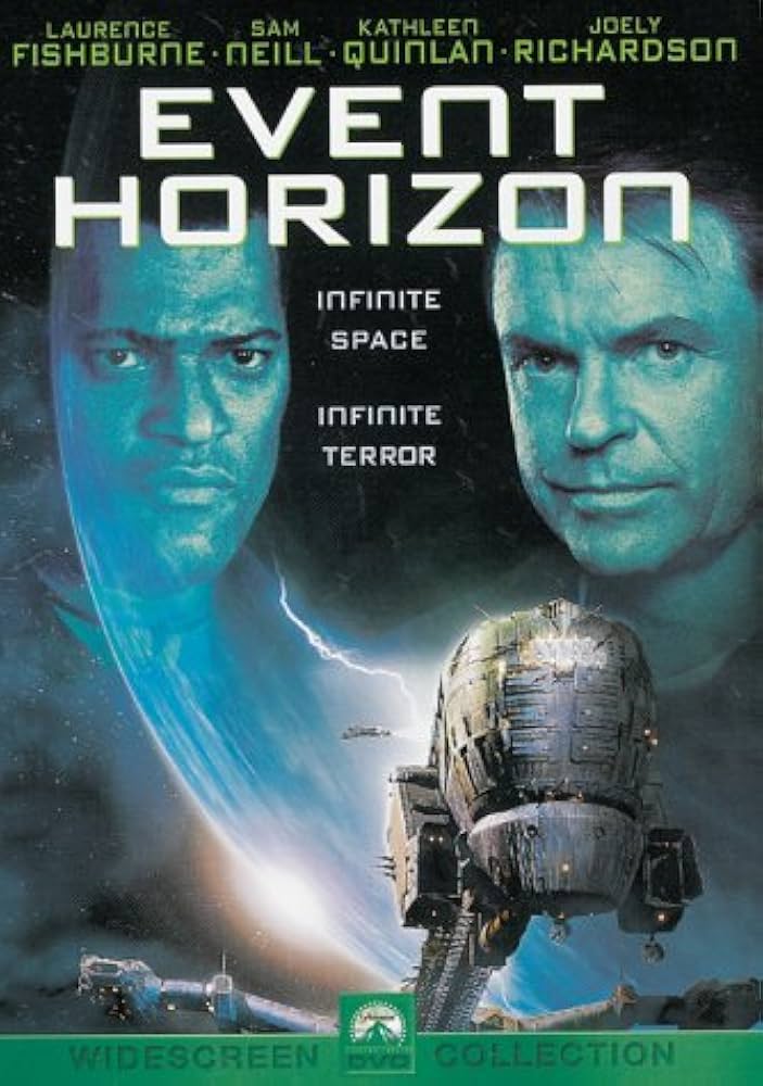 Affiche du film Event Horizon avec les deux acteurs principaux et le vaisseau spatial