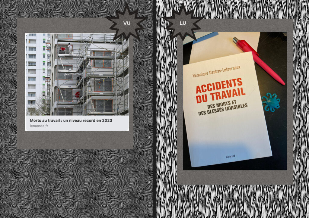L'image montre un article que Fred a lu dans le Monde fin décembre sur la mortalité au travail et le livre auquel cela lui a fait pensé dans sa bibliothèque, un ouvrage intitulé Accidents du travail