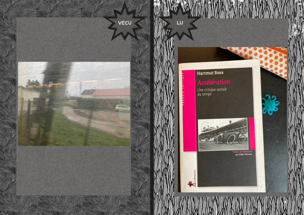 sur la gauche se trouve la photographie d'une paysage prise depuis un train sur la droite se trouve la couverture du livre Accélération