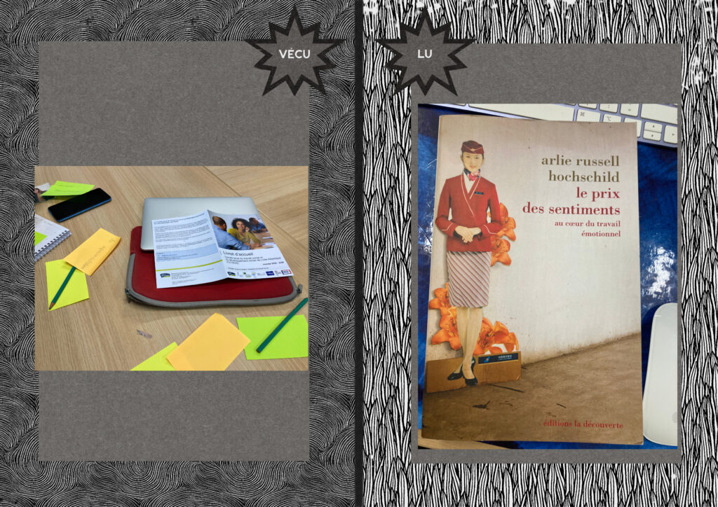 Sur la gauche une photo prise en contexte de travail montrant des post-ti et sur la droite la couverture du livre de Arlie Russell Hochschild