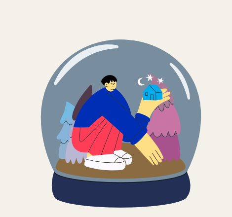 une boule a neige avec une personne géante tenant une maison dans la paume de sa main dans ce qui parait être une foret d'arbres étranges