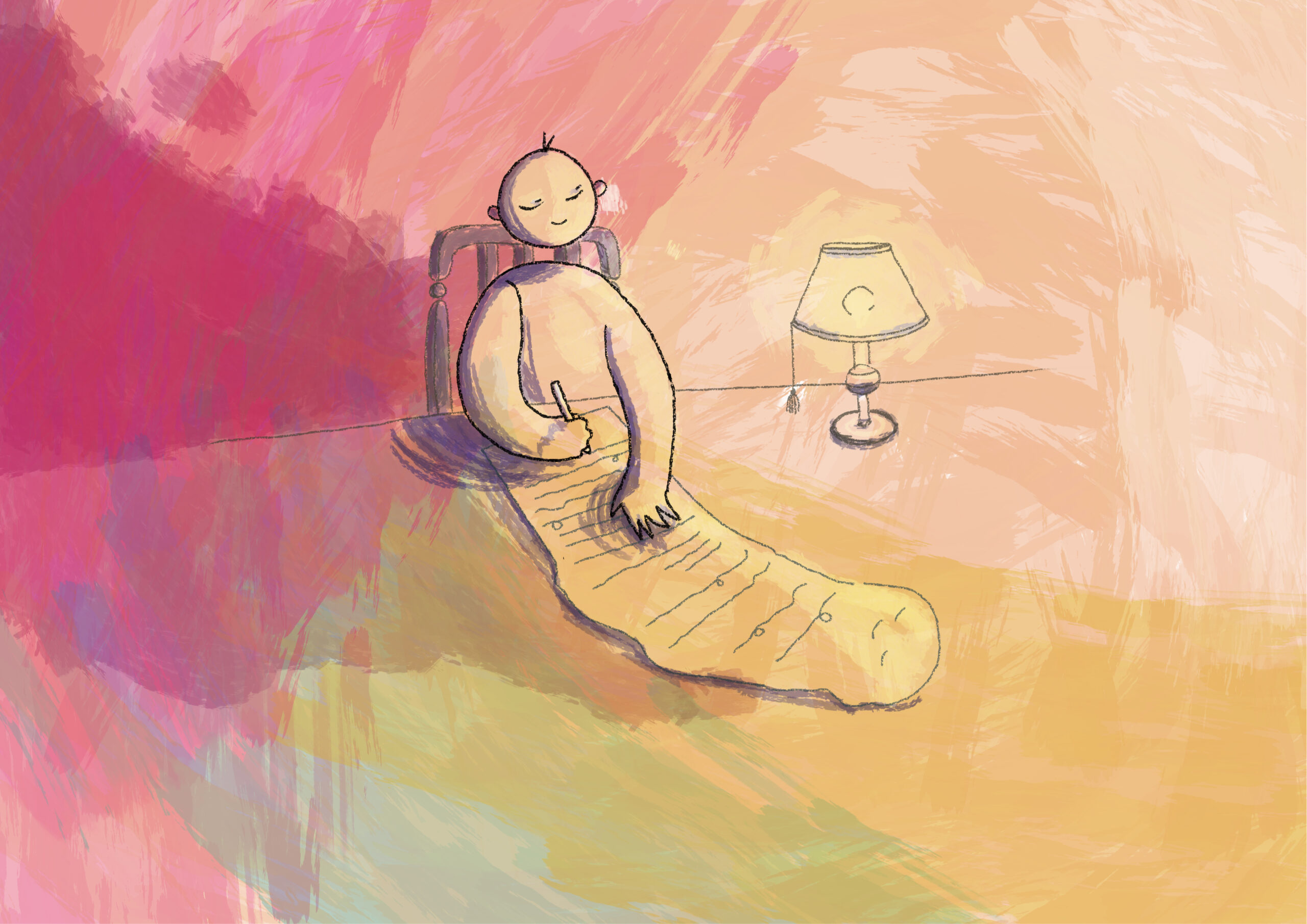 une silhouette écrit un message, le texte qui se déroule prend la forme en miroir d'une seconde silhouette