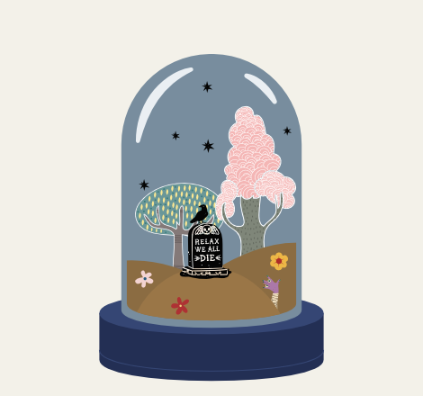 une boule à neige contenant une pierre tombale a mème la terre, des arbres aux couleurs claires