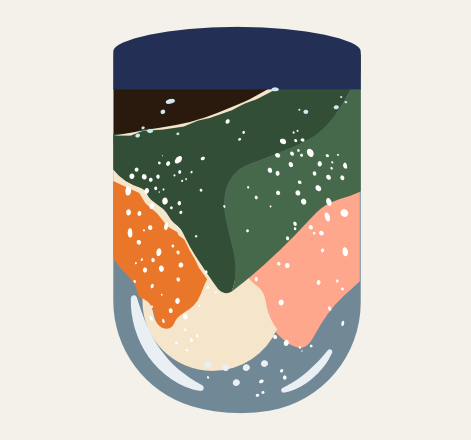 une boule a neige renversée avec des montagnes de couleurs et de formes variées à l'envers